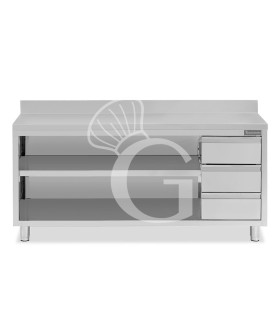 Offener Edelstahltisch mit 3 Schubladen rechts und Aufsatz B 2300 mm x T 700 mm x H 950 mm