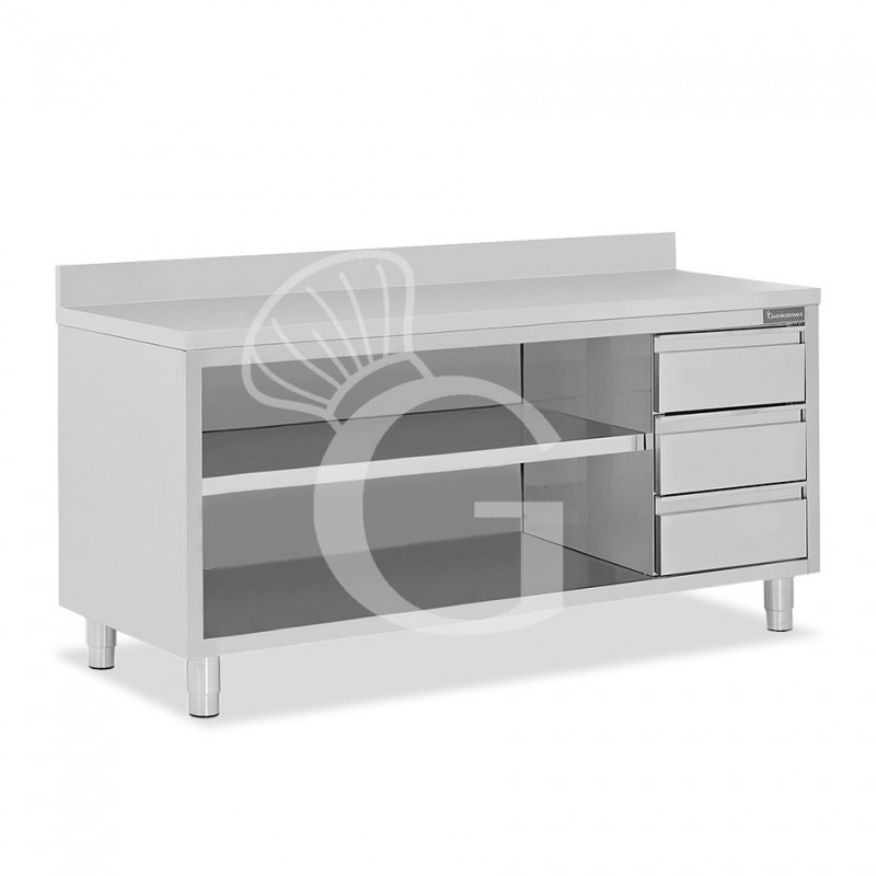Offener Edelstahltisch mit 3 Schubladen rechts und Aufsatz B 2400 mm x T 700 mm x H 950 mm