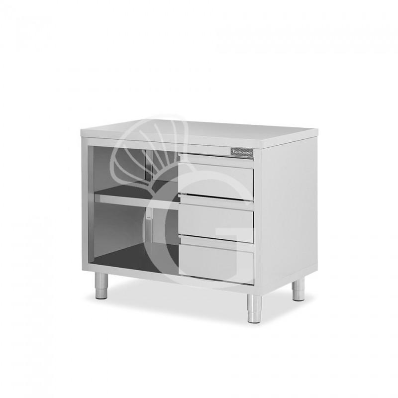 Offener Edelstahltisch mit 3 Schubladen auf der rechen Seite B 1200 mm x T 600 mm x H 850 mm