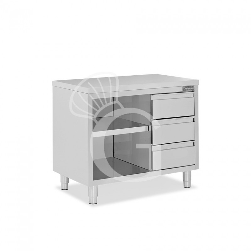 Offener Edelstahltisch mit 3 Schubladen auf der rechen Seite B 1200 mm x T 600 mm x H 850 mm