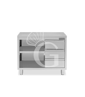 Offener Edelstahltisch mit 3 Schubladen auf der rechten Seite B 1000 mm x T 700 mm x H 850 mm
