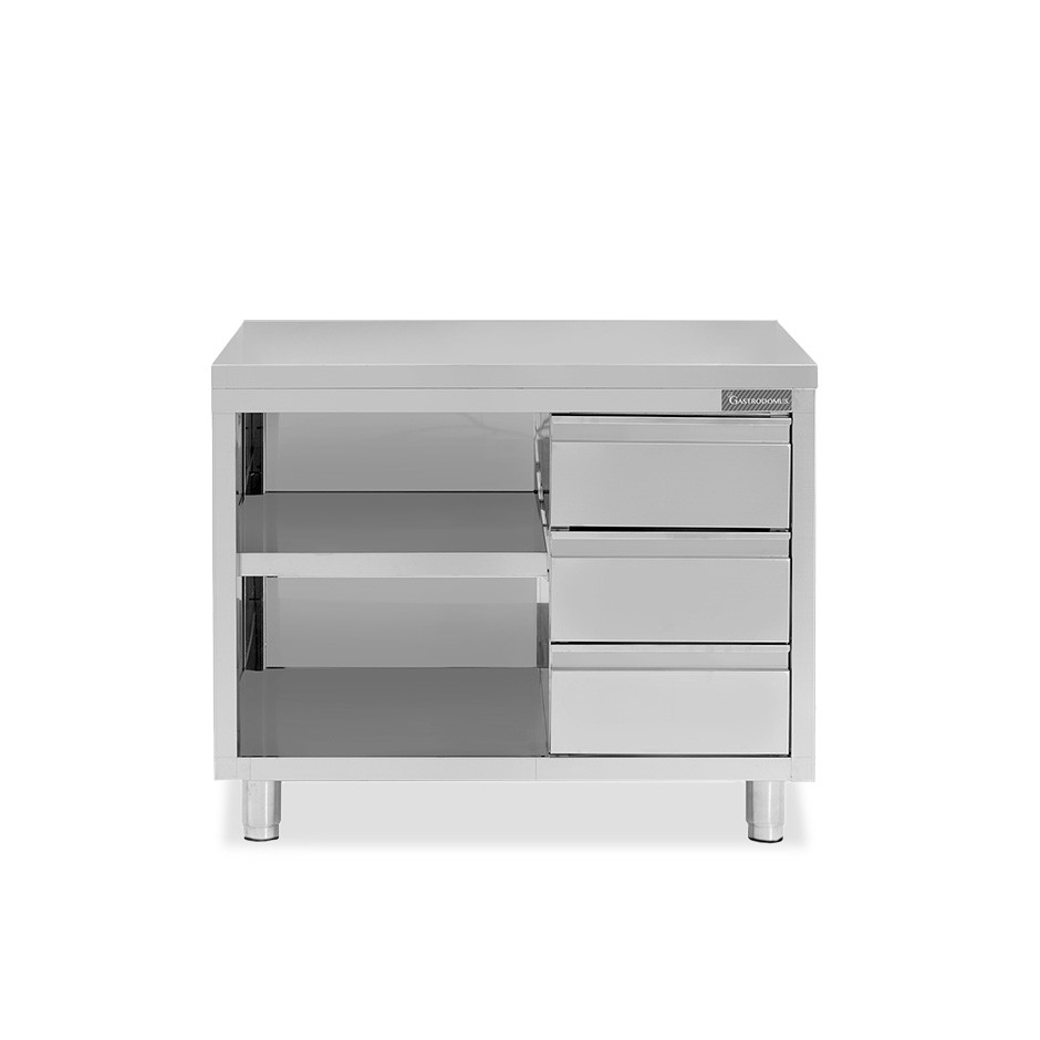 Offener Edelstahltisch mit 3 Schubladen auf der rechten Seite B 1000 mm x T 700 mm x H 850 mm