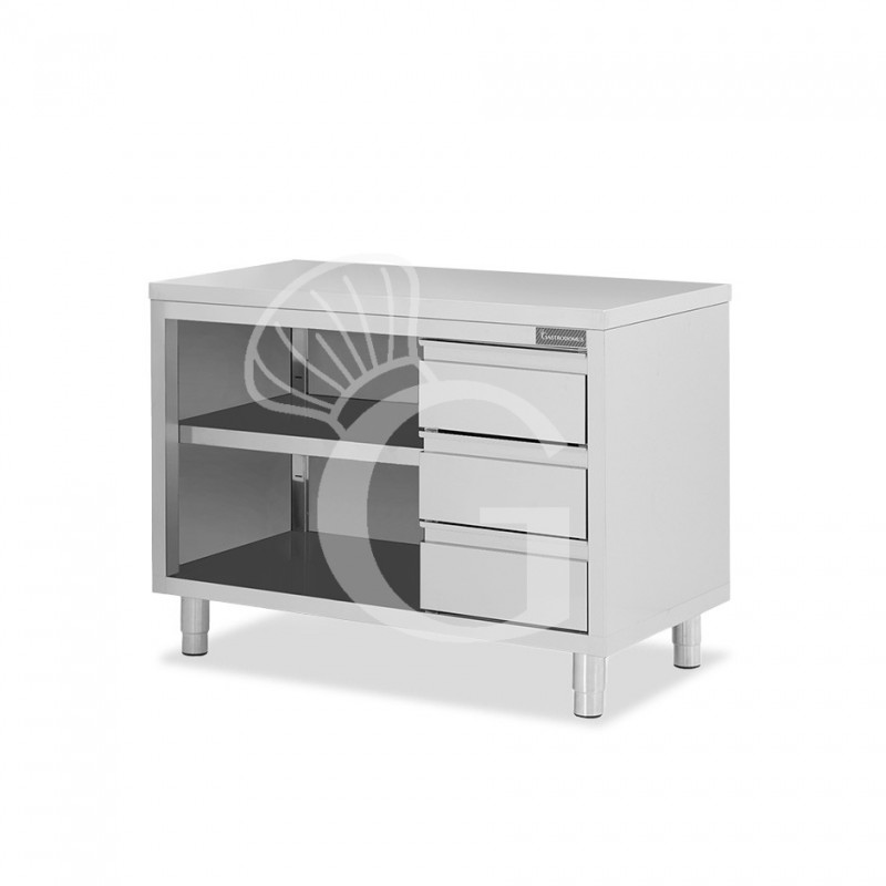 Offener Edelstahltisch mit 3 Schubladen auf der rechten Seite B 1400 mm x T 700 mm x H 850 mm