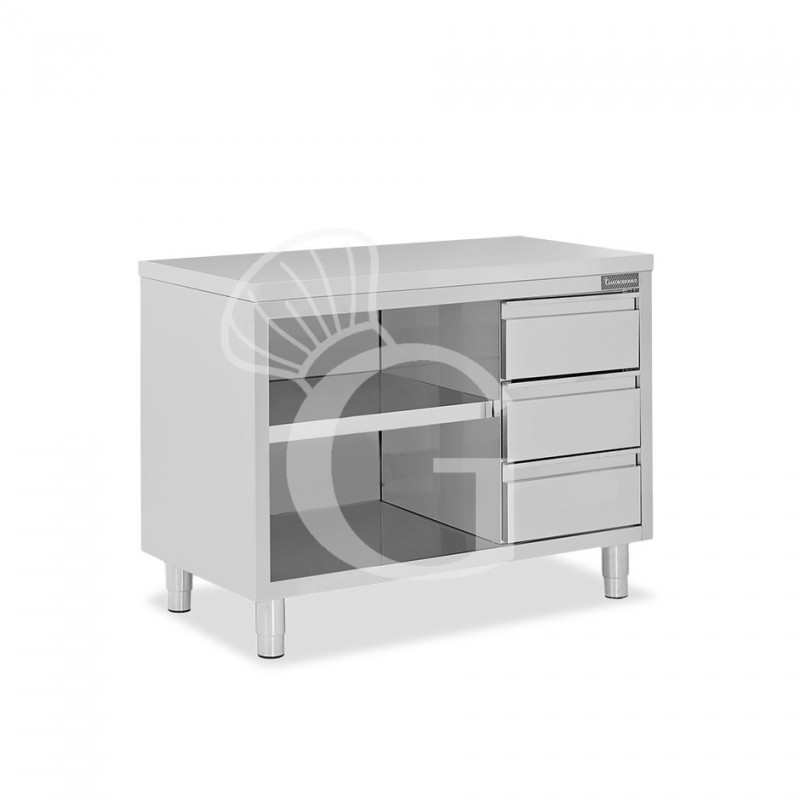 Offener Edelstahltisch mit 3 Schubladen auf der rechten Seite B 1400 mm x T 700 mm x H 850 mm