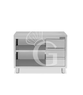 Offener Edelstahltisch mit 3 Schubladen auf der rechten Seite B 1500 mm x T 600 mm x H 850 mm