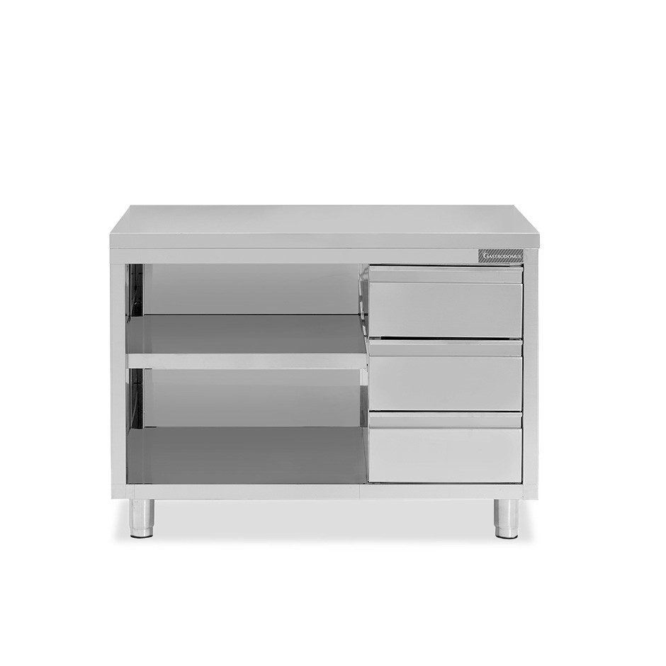 Offener Edelstahltisch mit 3 Schubladen auf der rechten Seite B 1500 mm x T 700 mm x H 850 mm