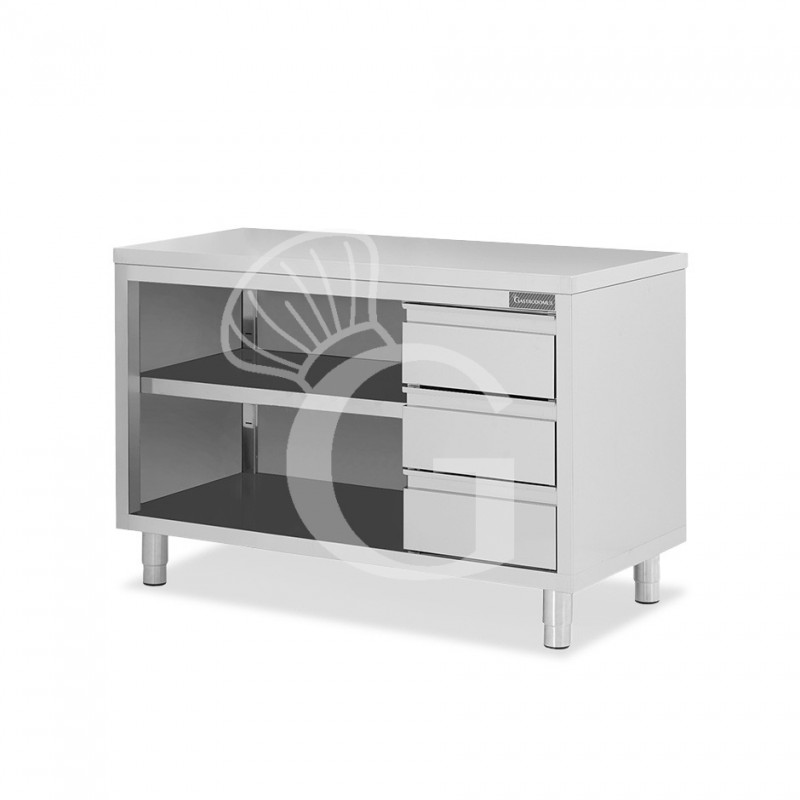 Offener Edelstahltisch mit 3 Schubladen auf der rechten Seite B 1600 mm x T 700 mm x H 850 mm