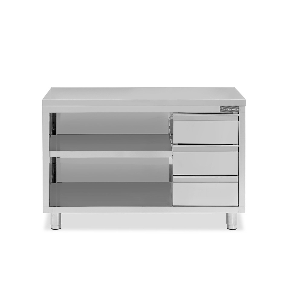 Offener Edelstahltisch mit 3 Schubladen auf der rechten Seite B 1600 mm x T 700 mm x H 850 mm