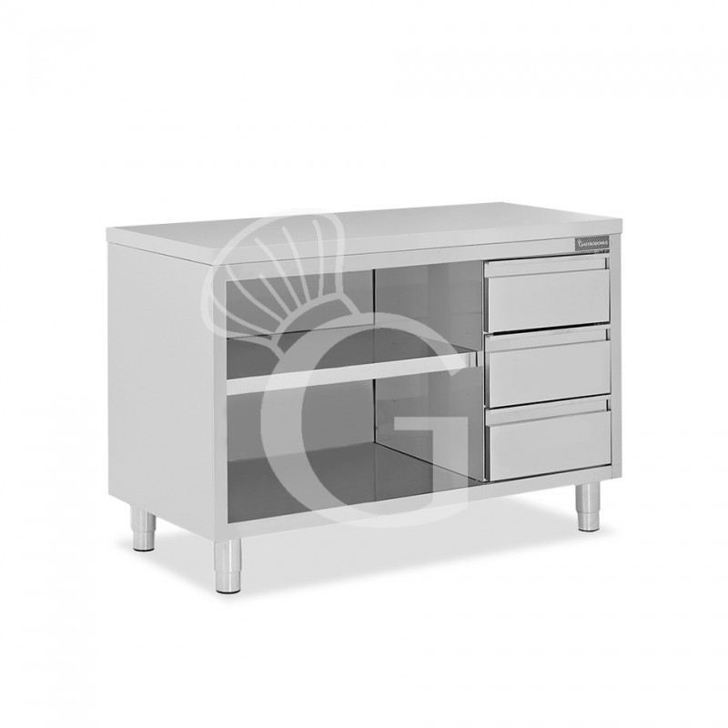 Offener Edelstahltisch mit 3 Schubladen auf der rechten Seite B 1600 mm x T 700 mm x H 850 mm
