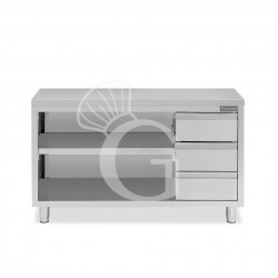 Offener Edelstahltisch mit 3 Schubladen auf der rechten Seite B 1800 mm x T 600 mm x H 850 mm