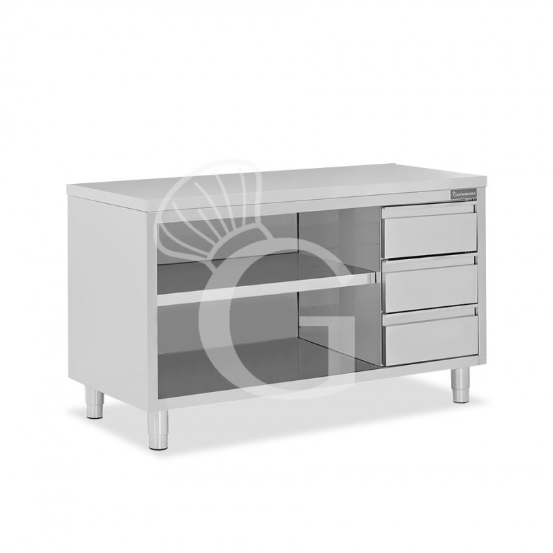 Offener Edelstahltisch mit 3 Schubladen auf der rechten Seite B 1800 mm x T 600 mm x H 850 mm