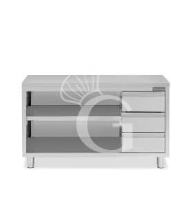 Offener Edelstahltisch mit 3 Schubladen auf der rechten Seite B 1900 mm x T 600 mm x H 850 mm