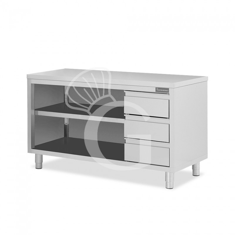 Offener Edelstahltisch mit 3 Schuladen auf der rechten Seite B 1800 mm x T 700 mm x H 850 mm