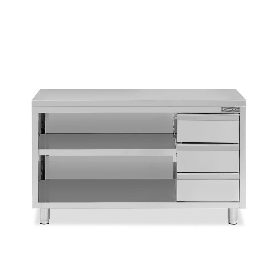 Offener Edelstahltisch mit 3 Schuladen auf der rechten Seite B 1800 mm x T 700 mm x H 850 mm
