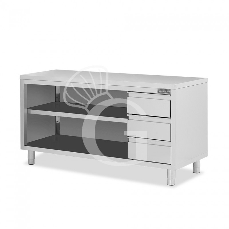 Offener Edelstahltisch mit 3 Schubladen auf der rechten Seite B 2000 mm x T 700 mm x H 850 mm