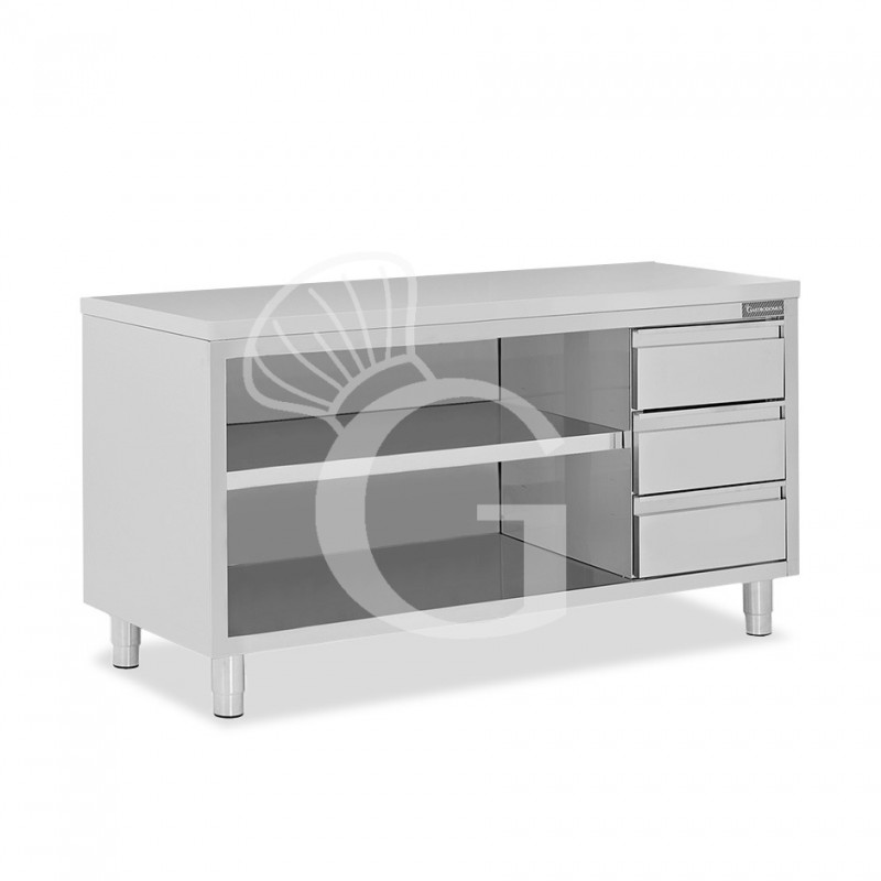 Offener Edelstahltisch mit 3 Schubladen auf der rechten Seite B 2000 mm x T 700 mm x H 850 mm
