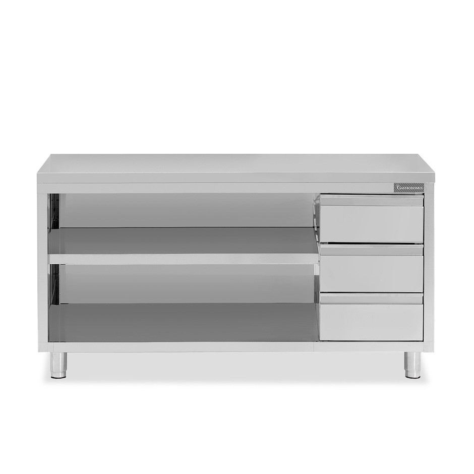 Offener Edelstahltisch mit 3 Schubladen auf der rechten Seite B 2100 mm x T 700 mm x H 850 mm