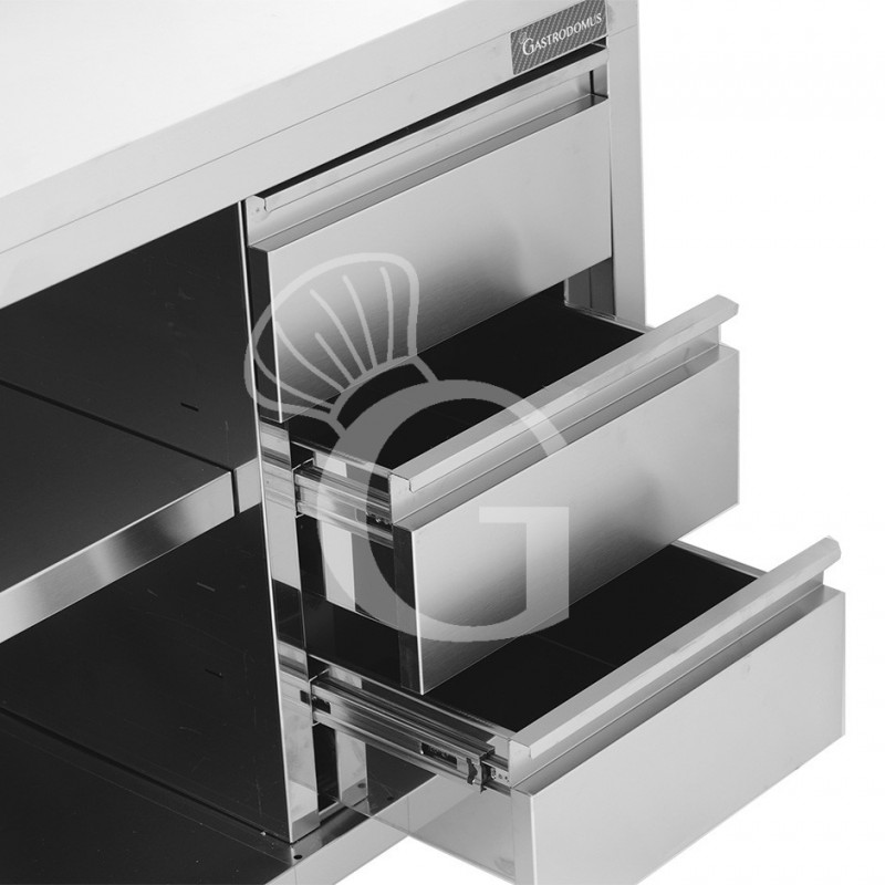 Offener Edelstahltisch mit 3 Schubladen auf der rechten Seite B 2100 mm x T 700 mm x H 850 mm