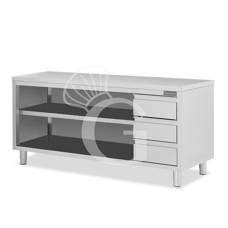 Offener Edelstahltisch mit 3 Schubladen auf der rechten Seite B 2300 mm x T 700 mm x H 850 mm