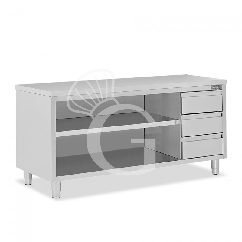 Offener Edelstahltisch mit 3 Schubladen auf der rechten Seite B 2300 mm x T 700 mm x H 850 mm