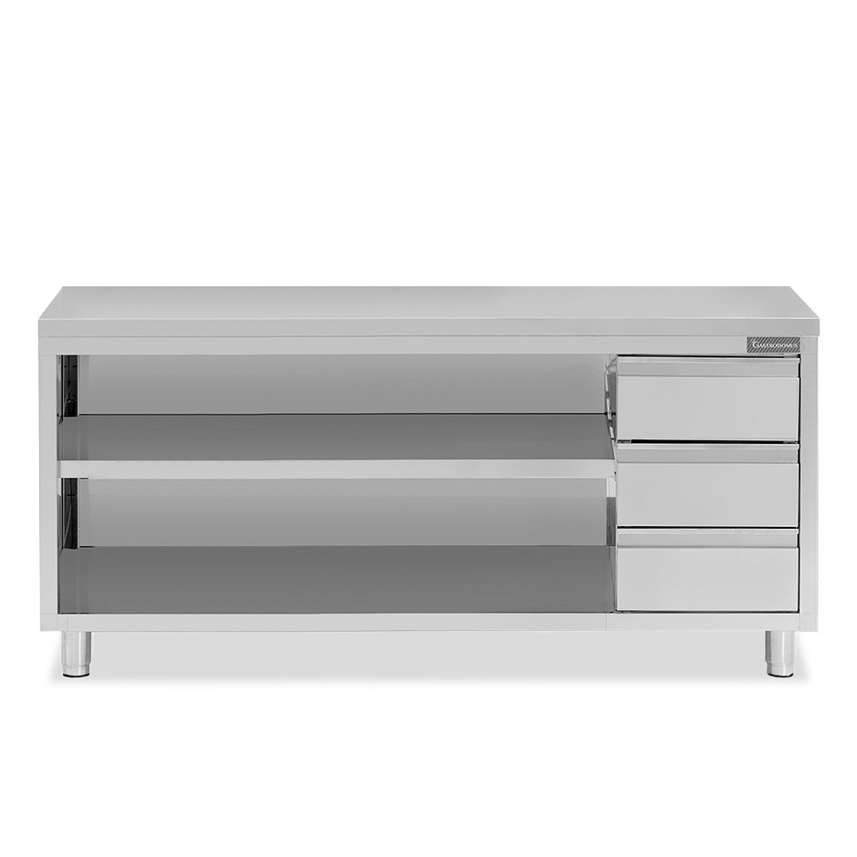 Offener Edelstahltisch mit 3 Schubladen auf der rechten Seite B 2400 mm x T 700 mm x H 850 mm