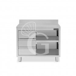Offener Edelstahltisch mit 3 Schubladen links und Aufsatz B 1000 mm x T 600 mm x H 950 mm