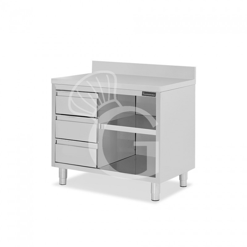Offener Edelstahltisch mit 3 Schubladen links und Aufsatz B 1000 mm x T 700 mm x H 950 mm