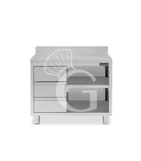 Offener Edelstahltisch mit 3 Schubladen links und Aufsatz B 1000 mm x T 700 mm x H 950 mm