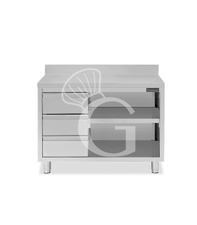 Offener Edelstahltisch mit 3 Schubladen links und Aufsatz B 1400 mm x T 700 mm x H 950 mm