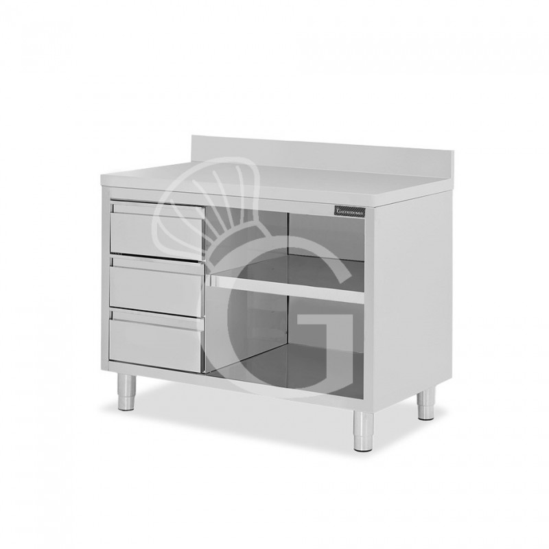 Offener Edelstahltisch mit 3 Schubladen links und Aufsatz B 1500 mm x T 700 mm x H 950 mm