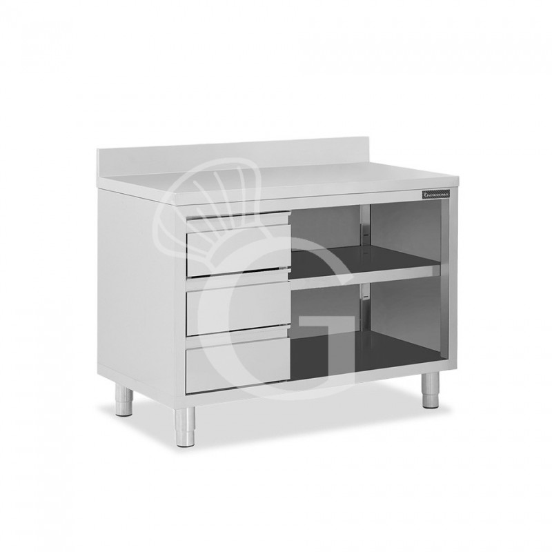 Offener Edelstahltisch mit 3 Schubladen links und Aufsatz B 1500 mm x T 700 mm x H 950 mm