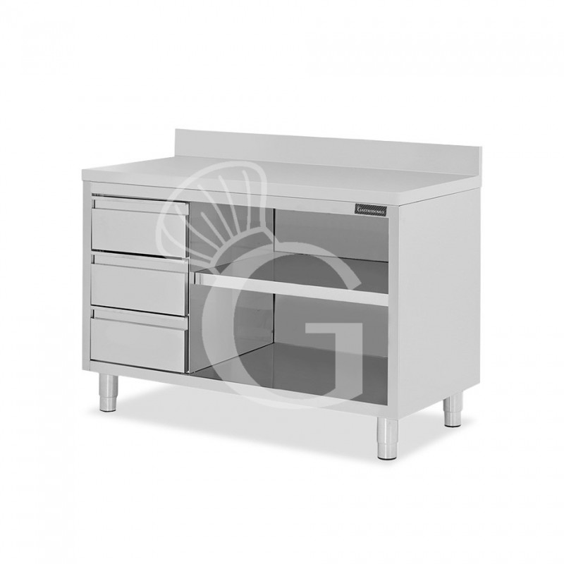 Offener Edelstahltisch mit 3 Schubladen links und Aufsatz B 1700 mm x T 600 mm x H 950 mm