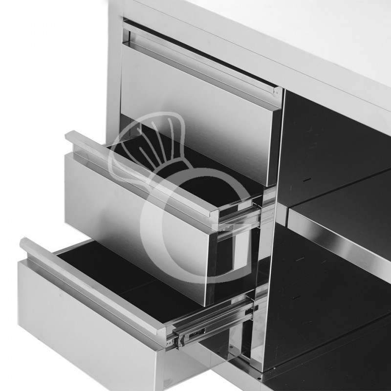 Offener Edelstahltisch mit 3 Schubladen links und Aufsatz B 1700 mm x T 600 mm x H 950 mm