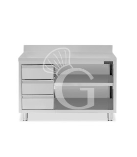 Offener Edelstahltisch mit 3 Schubladen links und Aufsatz B 1700 mm x T 600 mm x H 950 mm