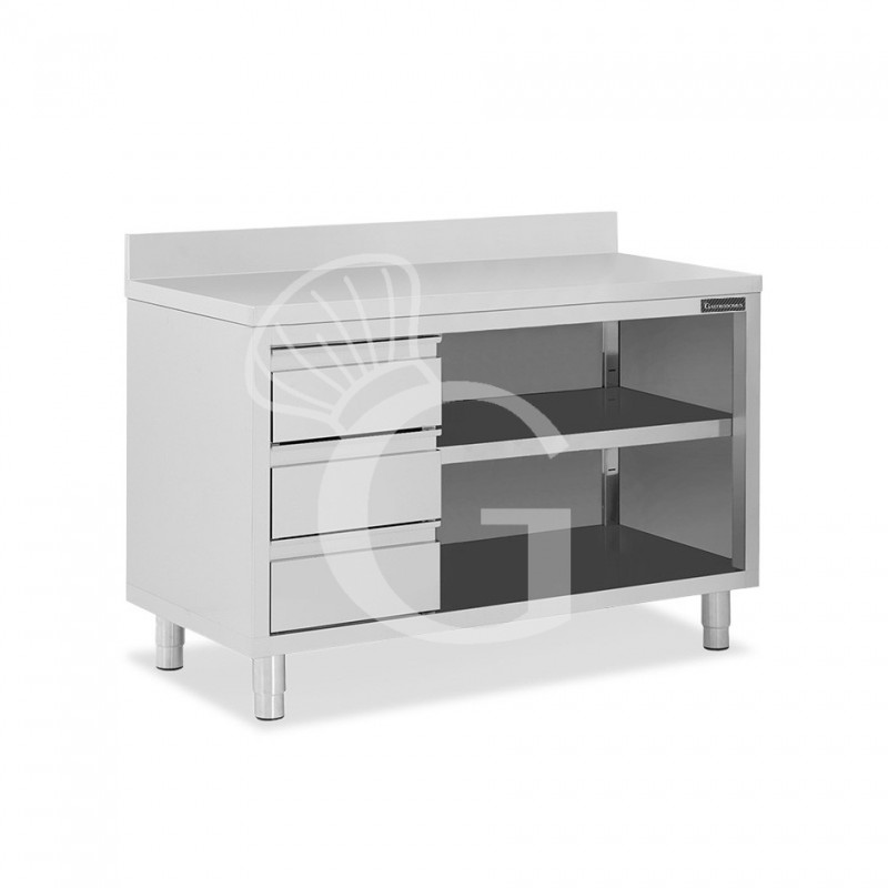 Offener Edelstahltisch mit 3 Schubladen links und Aufsatz B 1700 mm x T 700 mm x H 950 mm