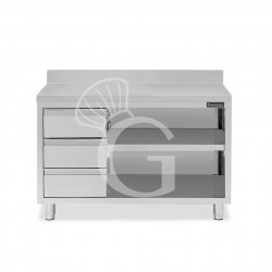 Offener Edelstahltisch mit 3 Schubladen links und Aufsatz B 1700 mm x T 700 mm x H 950 mm