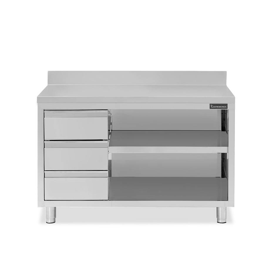 Offener Edelstahltisch mit 3 Schubladen links und Aufsatz B 1700 mm x T 700 mm x H 950 mm