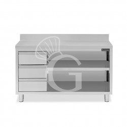 Offener Edelstahltisch mit 3 Schubladen links und Aufsatz B 1900 mm x T 600 mm x H 950 mm