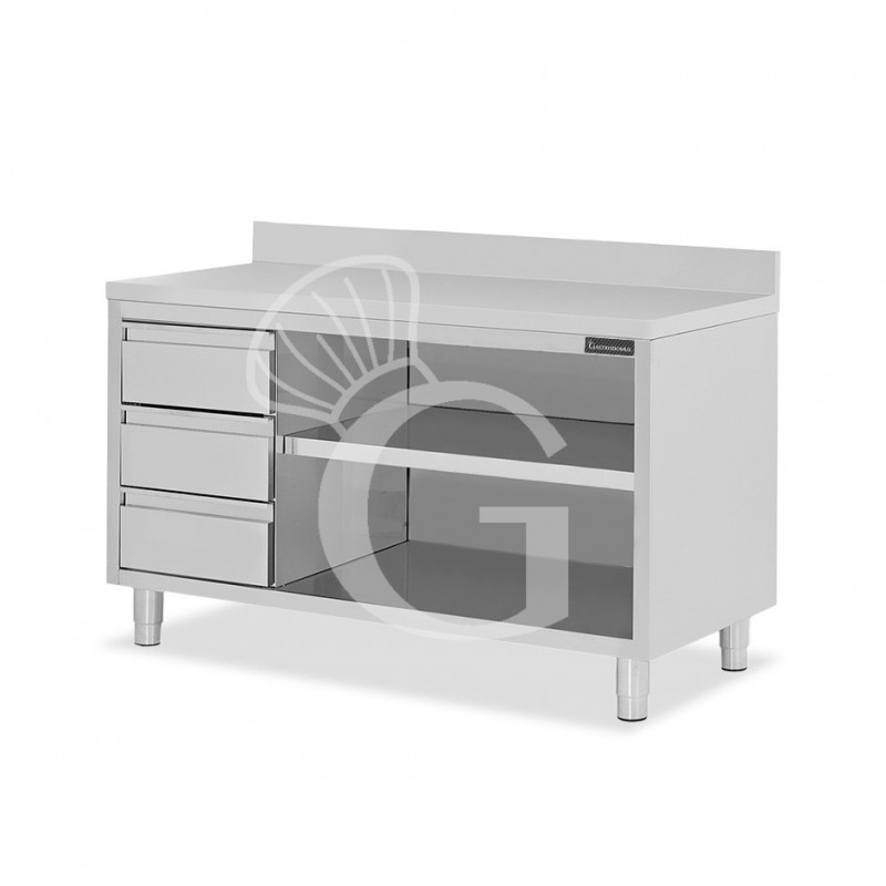 Offener Edelstahltisch mit 3 Schubladen links und Aufsatz B 1800 mm x T 600 mm x H 950 mm