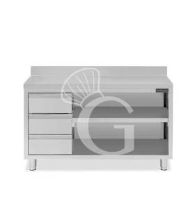 Offener Edelstahltsch mit 3 Schubladen und Aufsatz B 1800 mm x T 700 mm x H 950 mm