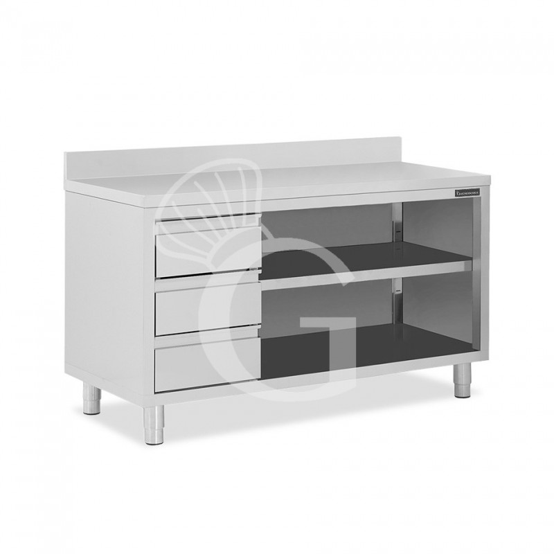 Offener Edelstahltisch mit 3 Schubladen links und Aufsatz B 1900 mm x T 700 mm x H 950 mm