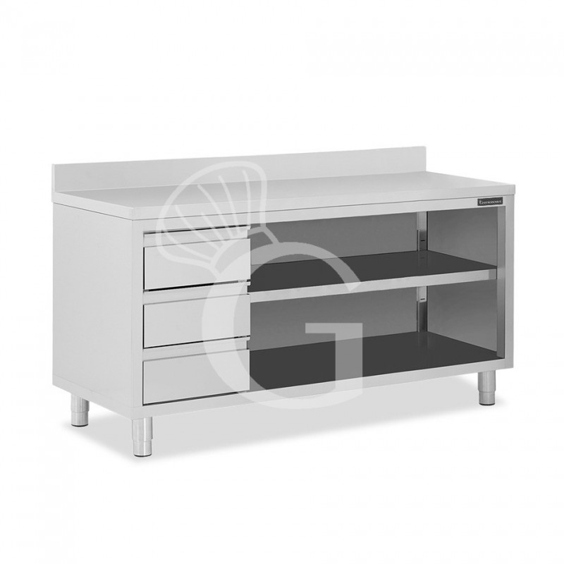 Offener Edelstahltisch mit 3 Schubladen links und Aufsatz B 2000 mm x T 600 mm x H 950 mm