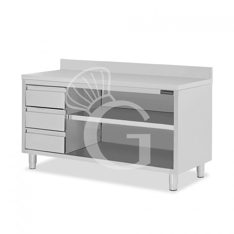 Offener Edelstahltisch mit 3 Schubladen links und Aufsatz B 2100 mm x T 700 mm x H 950 mm