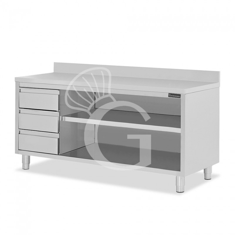 Offener Edelstahltisch mit 3 Schubladen links und Aufsatz B 2200 mm x T 600 mm x H 950 mm
