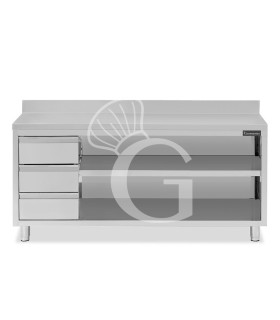 Offener Edelstahltisch mit 3 Schubladen links und Aufsatz B 2200 mm x T 600 mm x H 950 mm