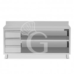 Tavolo a giorno in acciaio inox,3 cassetti a sinistra, alzatina, L 2300 mm x P 700 mm x H 850 mm