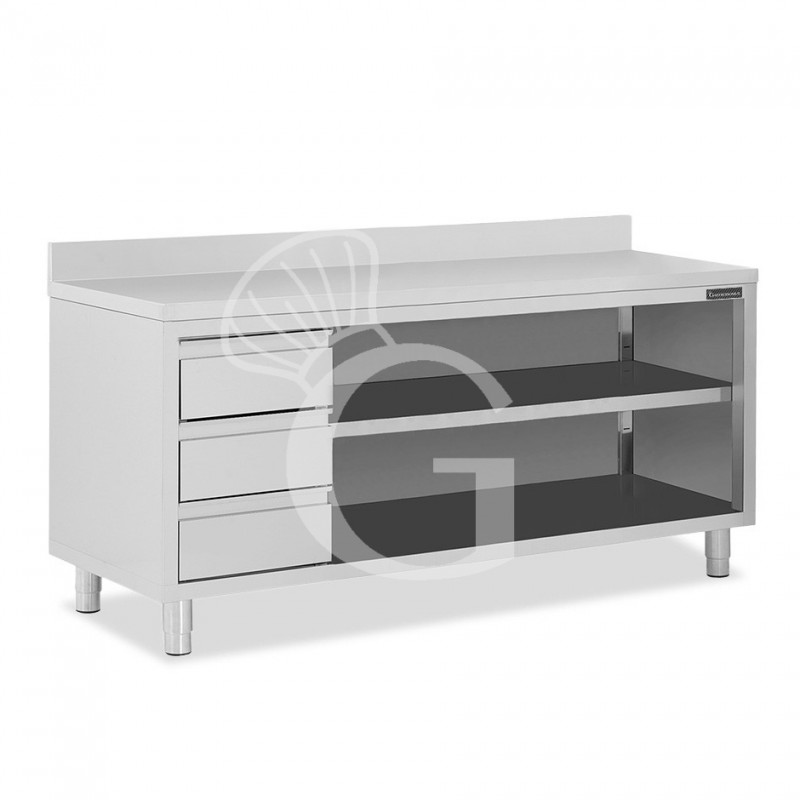 Tavolo a giorno in acciaio inox,3 cassetti a sinistra, alzatina, L 2400 mm x P 700 mm x H 850 mm