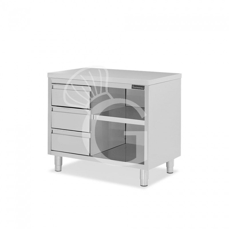 Offener Edelstahltisch mit 3 Schubladen auf der linken Seite B 1000 mm x T 600 mm x H 850 mm
