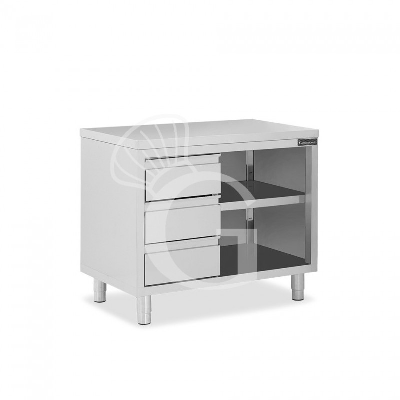 Offener Edelstahltisch mit 3 Schubladen auf der linken Seite B 1200 mm x T 600 mm x H 850 mm