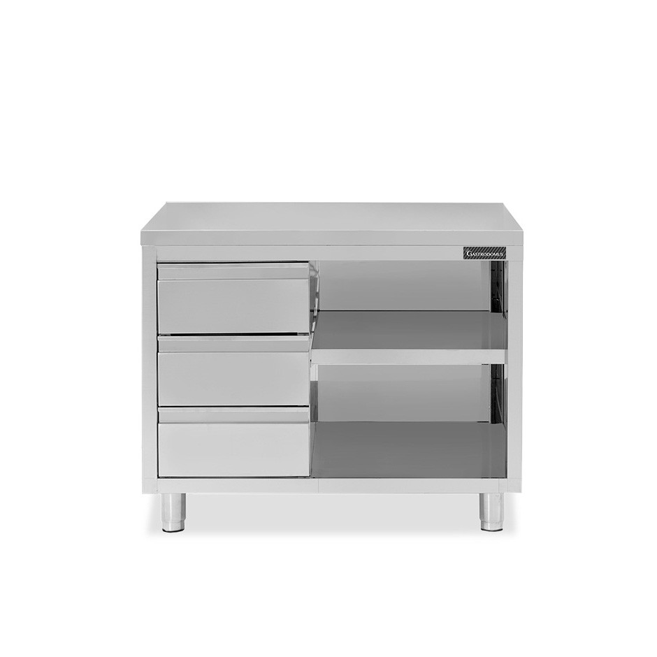 Offener Edelstahltisch mit 3 Schubladen auf der linken Seite B 1000 mm x T 700 mm x H 850 mm